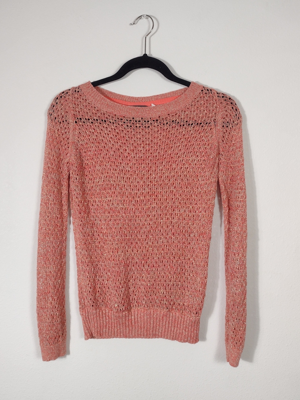 Guinevere Anthropologie Metallic Hemp Open Knit Sweater Coral Shimmer Size XS